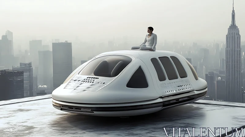 Person Sitting on a Hovercraft in a Futuristic City AI Image