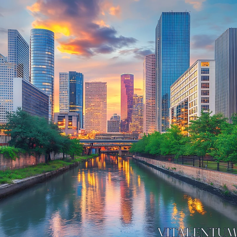 AI ART Urban Sunset Skyline with Skyscraper Reflections