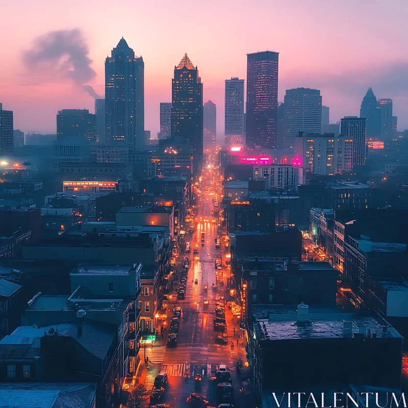 Urban Nightscape with Skyscrapers and Street Lights AI Image