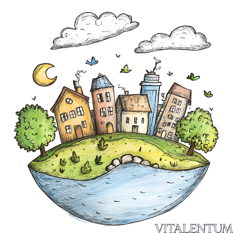 Charming Town on Floating Island Drawing AI Image