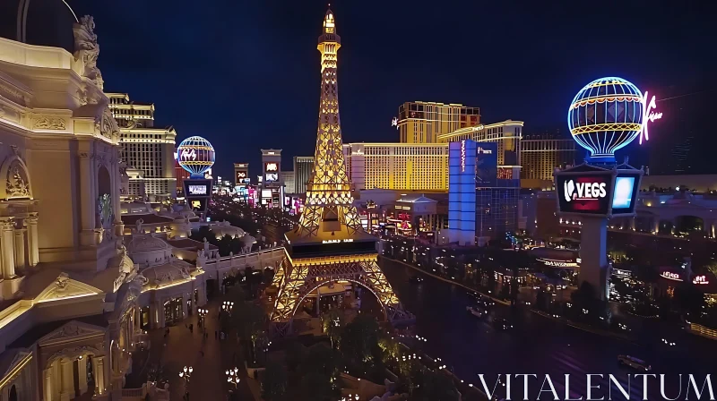 Las Vegas Nightlife Highlighting Eiffel Tower Replica AI Image