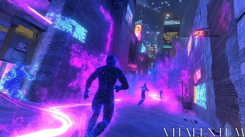 Cyberpunk Alleyway with Neon Lights and Runners AI Image