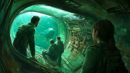 Submarine Team Observing a Giant Shark