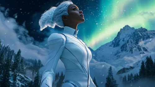 Person in Futuristic Attire beneath Northern Lights