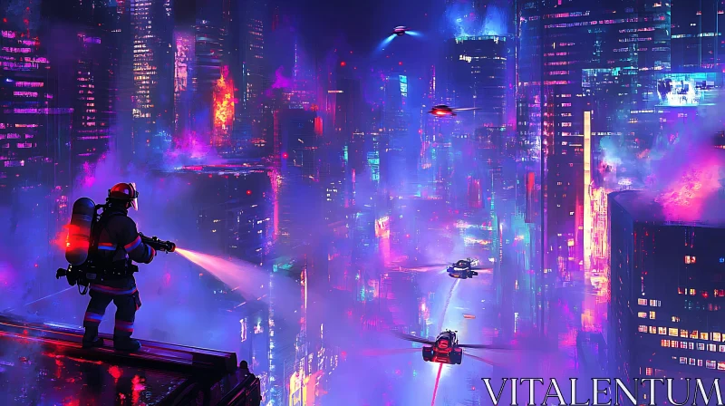 Cyberpunk Firefighting Action in Neon City AI Image