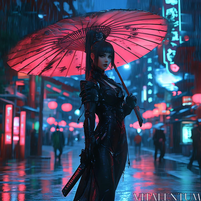 Cyberpunk Lady with Umbrella in Neon City AI Image