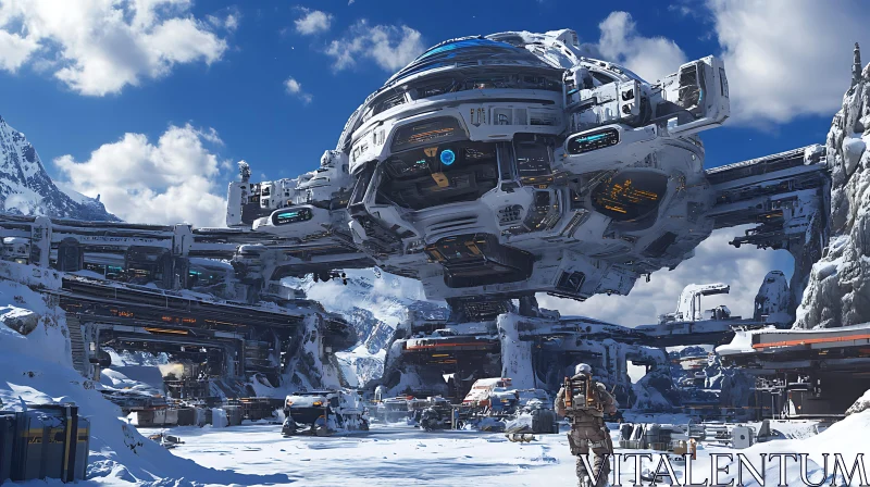 Sci-Fi Spaceship Over High-Tech Winter Facility AI Image