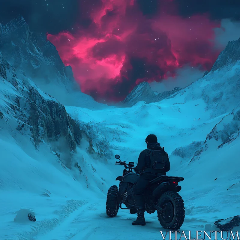 Snowy Mountain Adventure Under Pink Sky AI Image