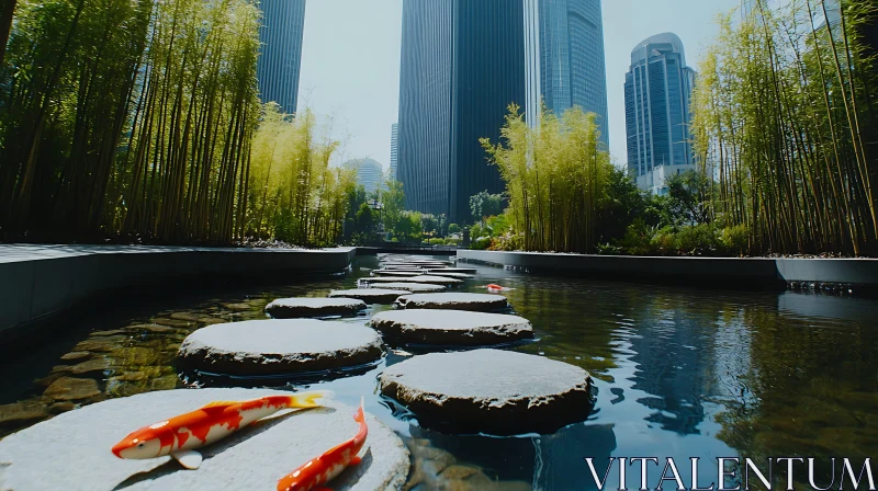 Tranquil Urban Water Garden with Bamboo and Koi AI Image