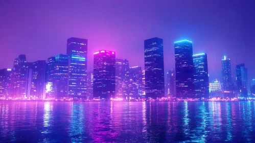 Neon-Lit Night Skyline Reflecting in Water