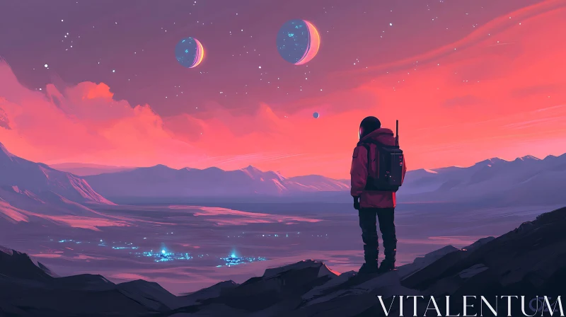 AI ART Astronaut Overlooking Futuristic City at Twilight