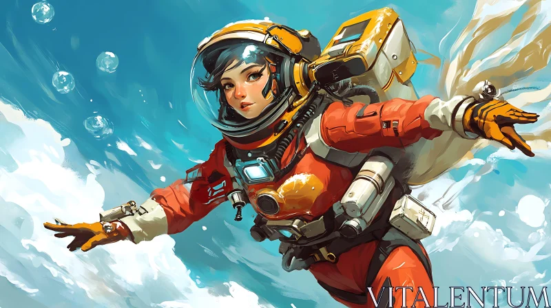 Illustrated Spacewoman in Detailed Spacesuit AI Image