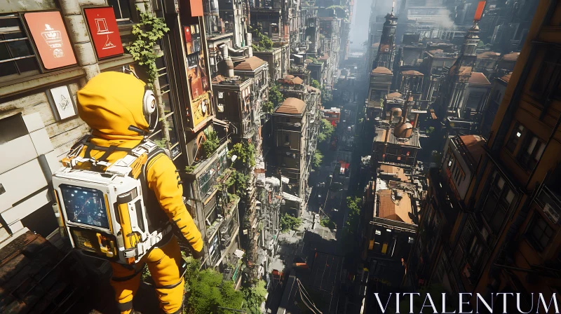 Astronaut in Yellow Spacesuit Observing Futuristic City AI Image