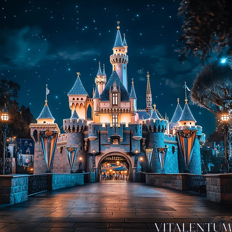 Magical Nighttime View of a Fairytale Castle AI Image