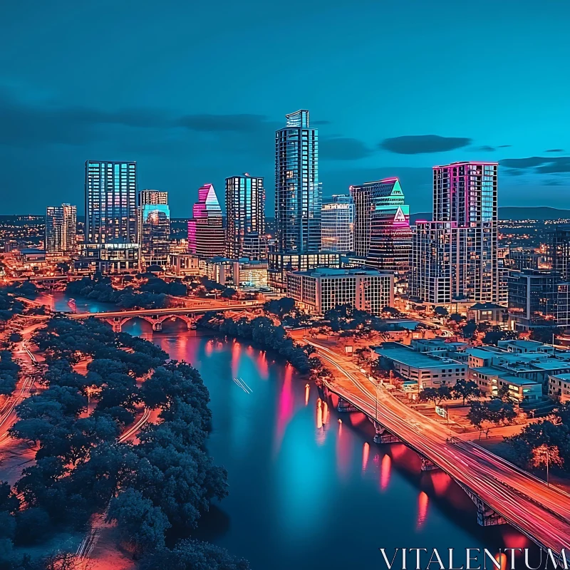 Nighttime Urban Scene with Illuminated Skyscrapers AI Image