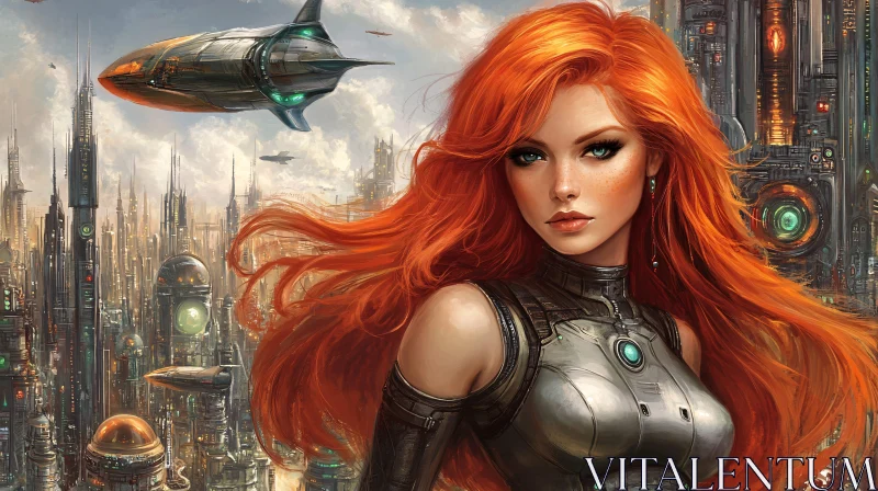 Redhead in Futuristic Urban Setting AI Image