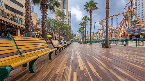 City Boardwalk with Palm Trees and Roller Coasters