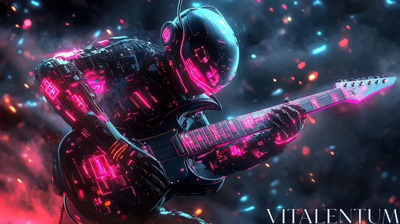 Neon Cyborg Playing Electric Guitar AI Image