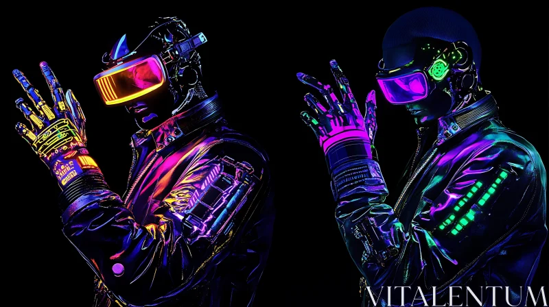 Neon-clad Cyborgs in High-Tech Gear AI Image