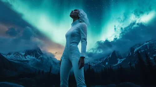 Person in White Suit Against the Aurora Borealis