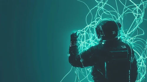 Glowing Neon Wires and Astronaut in Teal Light