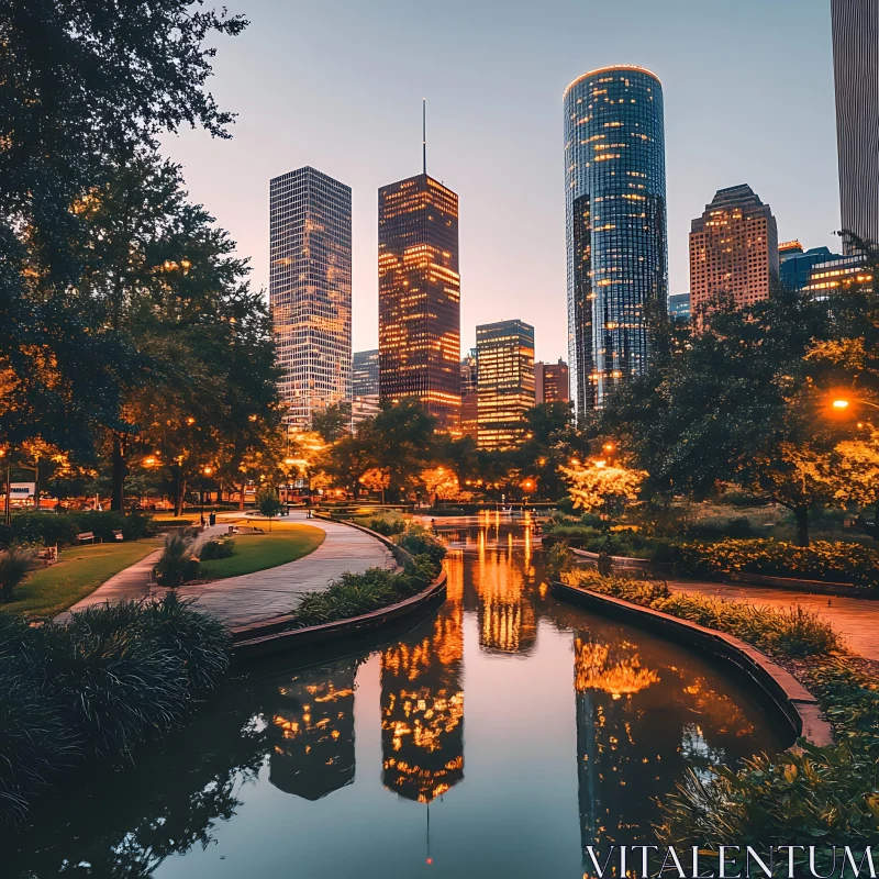 AI ART City Park at Sunset with Reflections