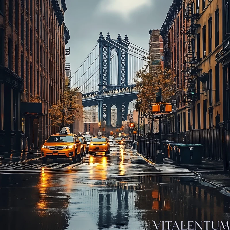 Urban Street with Yellow Taxis and Bridge on Rainy Day AI Image