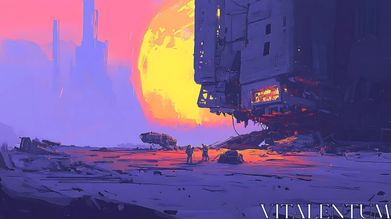 Sci-Fi Sunset with Anchored Spaceship AI Image