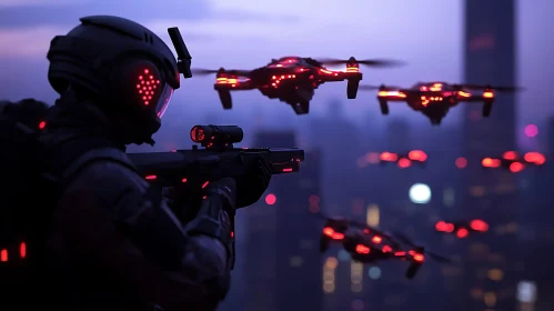 Soldier and Drones with Red Lights in Futuristic City