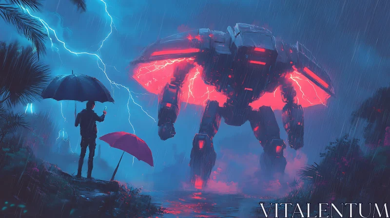 AI ART Man Confronts Robot in Stormy Landscape