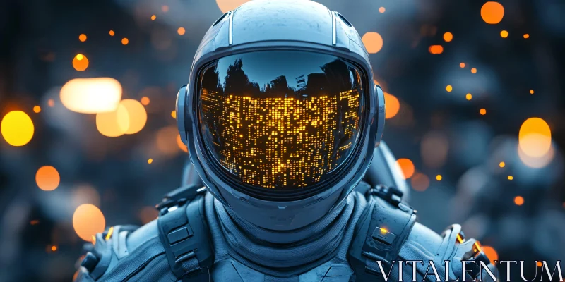 Astronaut With Digital Helmet and Bokeh Lights AI Image