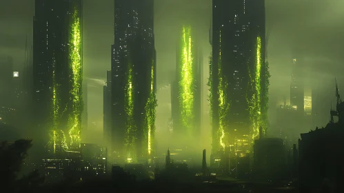 Mysterious Futuristic Urban Scene with Green Glowing Towers