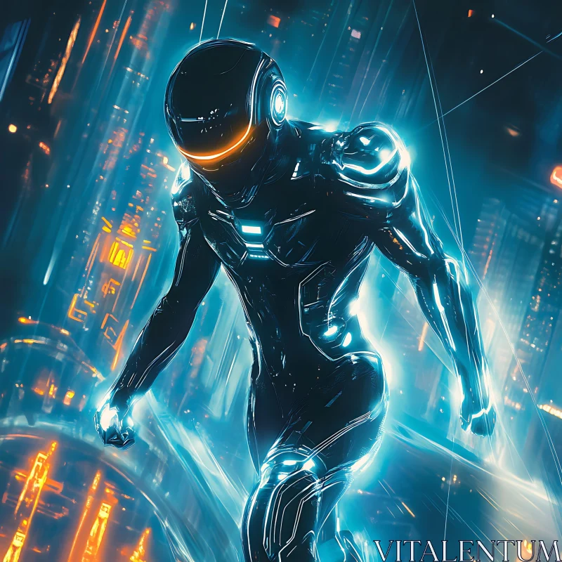 Glowing Cybernetic Warrior in a Neon-Lit Future City AI Image