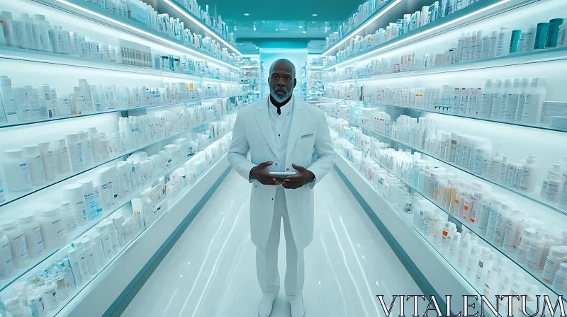 Sleek Pharmacy Design Highlighting Product Shelves AI Image