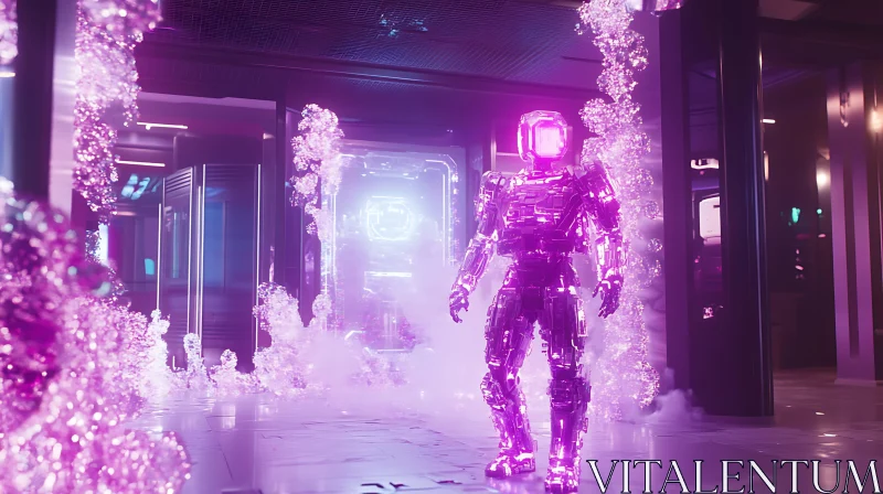 Glowing Cyborg in a Technological Crystal Environment AI Image