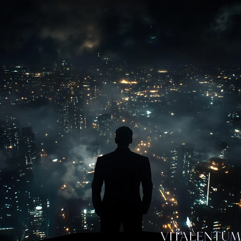 Man Silhouette Overlooking Nighttime City AI Image