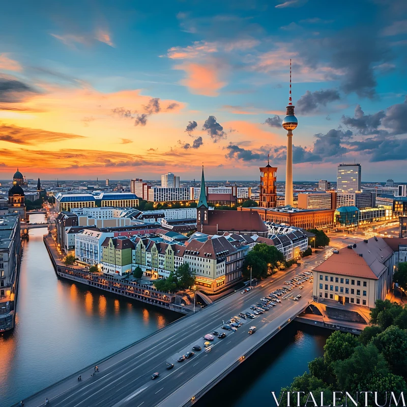 Urban Sunset with Prominent Tower and River Bridges AI Image