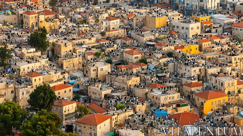 Sunlit Cityscape with Dense Architecture and Red Roof Houses AI Image