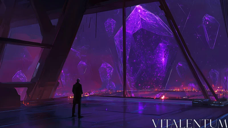 Sci-Fi Landscape Featuring Giant Floating Crystals AI Image