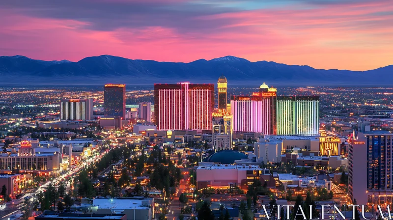 Urban Panorama of Neon Lights and Distant Mountains AI Image