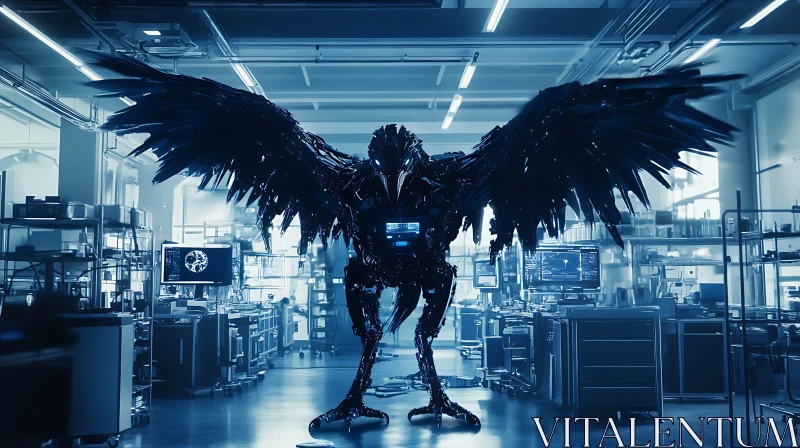 Futuristic Raven Robot in High-Tech Lab AI Image