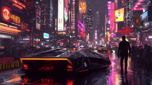 Neon-Lit Rainy City with Futuristic Car