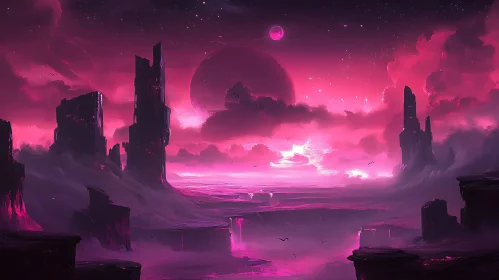 Mystical Pink Scenery with Planet and Stars