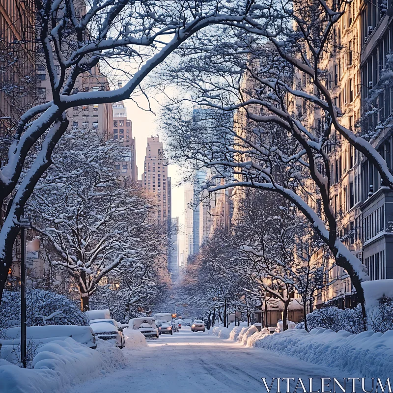 AI ART Winter Morning in a Snowy City Street