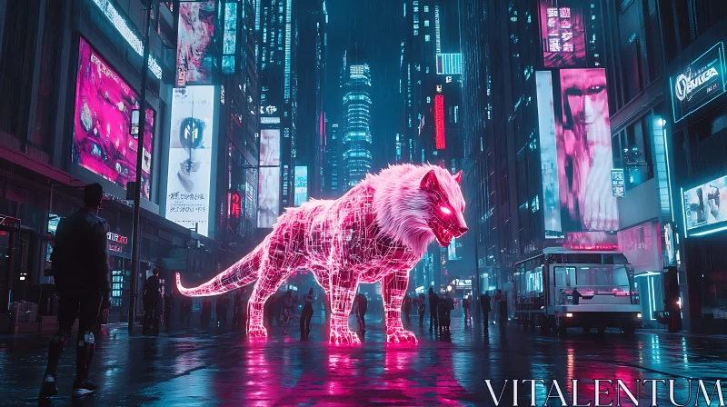 Cyberpunk City with Glowing Pink Digital Tiger AI Image