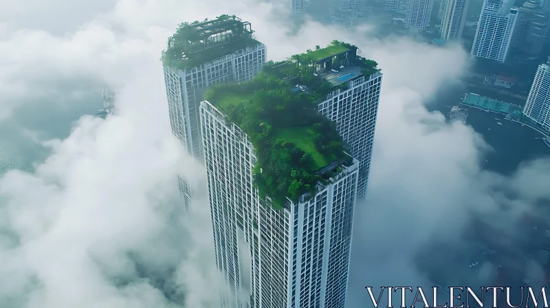 Modern Urban Skyscrapers with Rooftop Green Spaces Above the Clouds AI Image