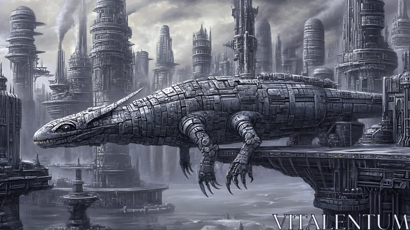 Giant Mechanical Reptile in a Tech City AI Image