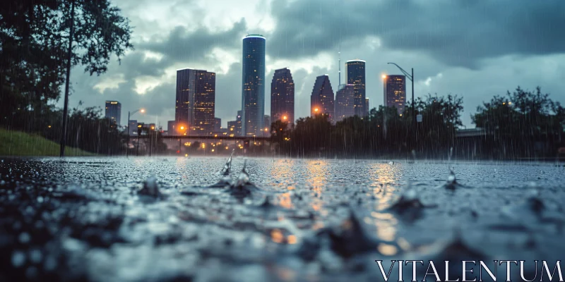 Stormy Urban Skyline with Rain AI Image