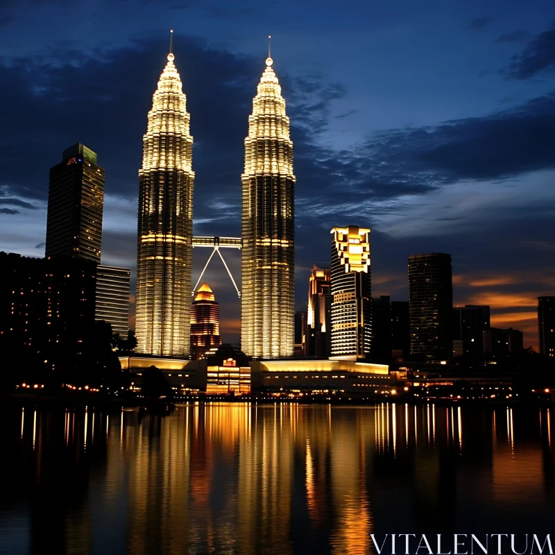 Modern City Nightscape with Illuminated Skyscrapers and Reflections AI Image