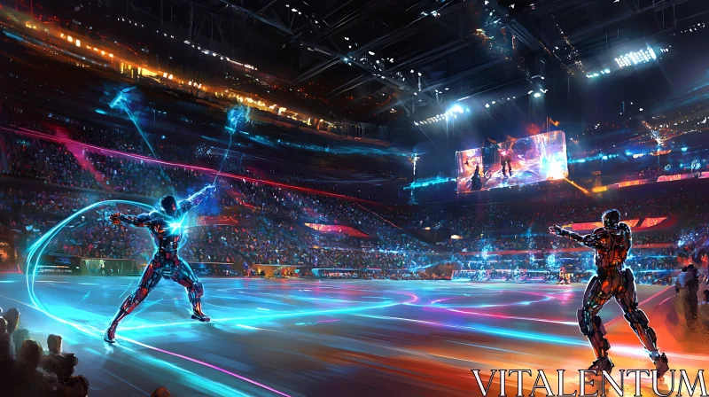 AI ART Cyberpunk Robot Battle in a Luminous Arena